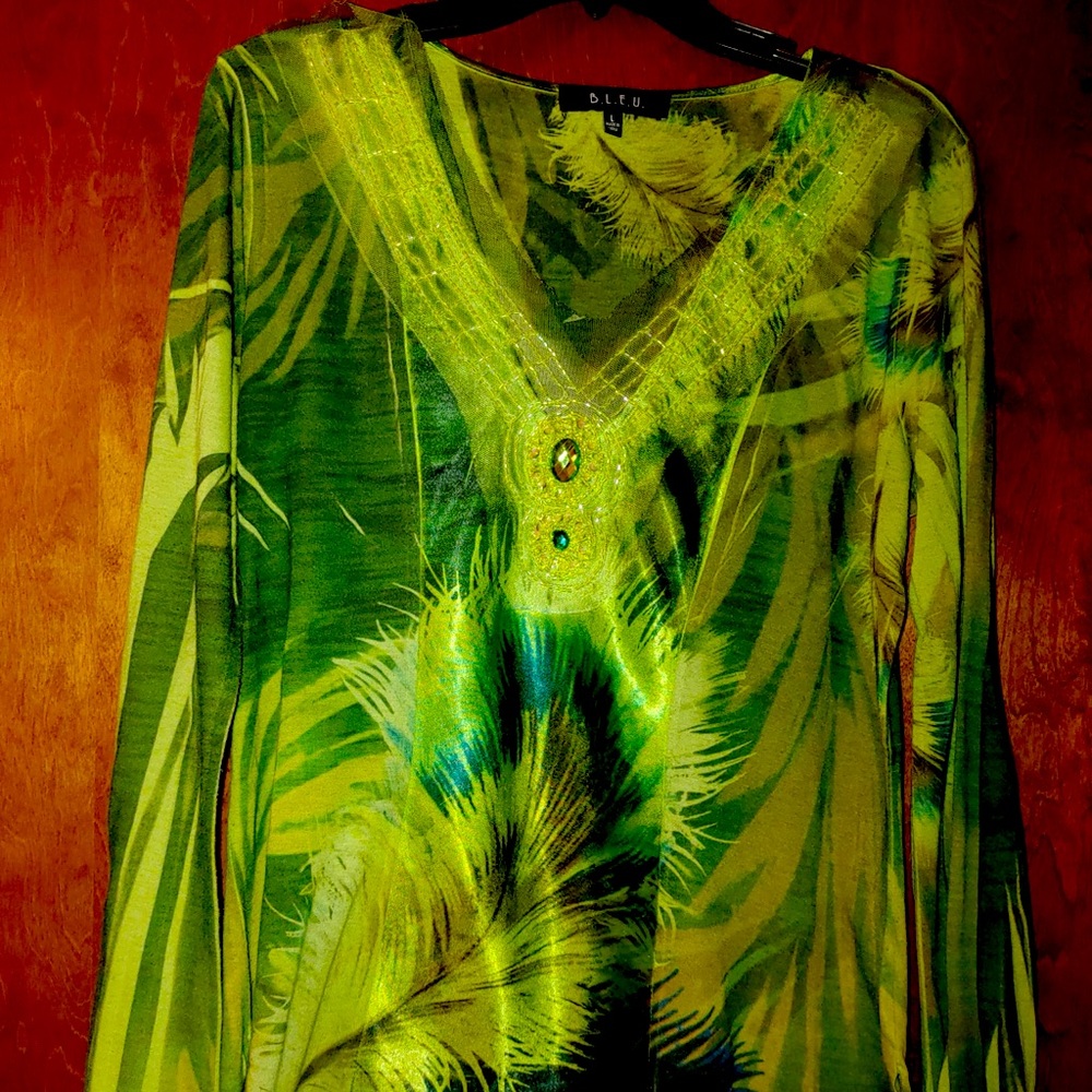 B.L.E.U. long sleeved bejeweled peacock shirt size large